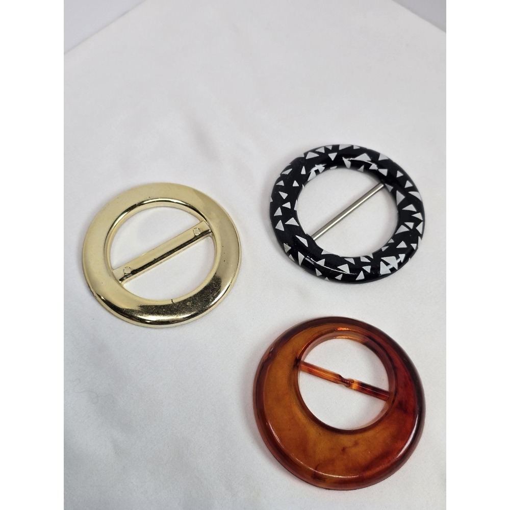 Vintage Scarf Slide Buckle Lot of 3 Round Tortoise Black White Gold Tone Retro